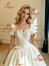 Ivory Satin Short Sleeve Beading Wedding Dress