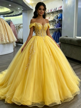 Yellow Tulle Off the Shoulder Appliques Quinceanera Dress