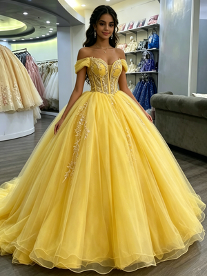 Yellow Tulle Off the Shoulder Appliques Quinceanera Dress
