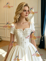 Ivory Satin Short Sleeve Beading Wedding Dress