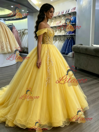 Yellow Tulle Off the Shoulder Appliques Quinceanera Dress