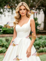 White Satin Straps Wedding Dres