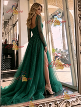 Green Tulle Long Sleeve Prom Dress