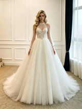 White Tulle Long Sleeve Appliques Wedding Dress