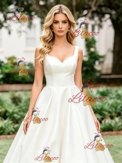 White Satin Straps Wedding Dres