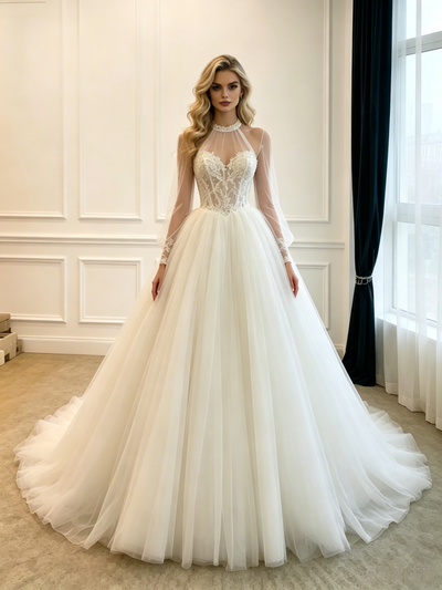 White Tulle Long Sleeve Appliques Wedding Dress