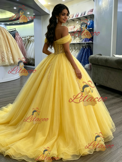 Yellow Tulle Off the Shoulder Appliques Quinceanera Dress