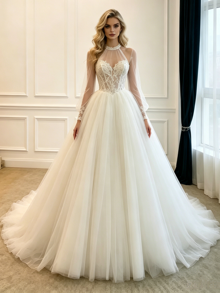 White Tulle Long Sleeve Appliques Wedding Dress