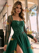 Green Tulle Long Sleeve Prom Dress