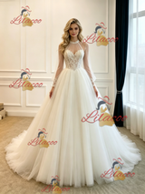 White Tulle Long Sleeve Appliques Wedding Dress