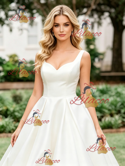 White Satin Straps Wedding Dres