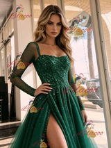 Green Tulle Long Sleeve Prom Dress