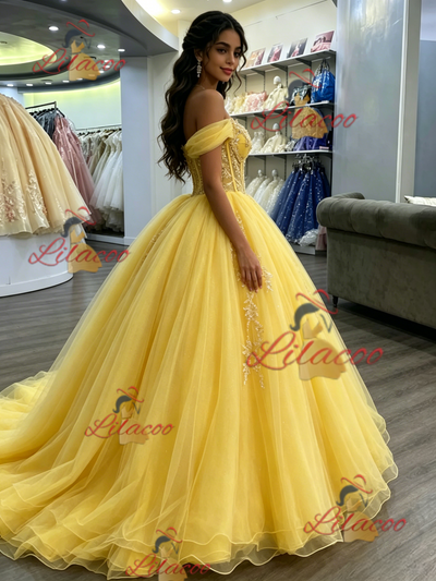 Yellow Tulle Off the Shoulder Appliques Quinceanera Dress