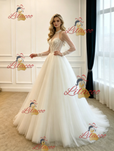 White Tulle Long Sleeve Appliques Wedding Dress