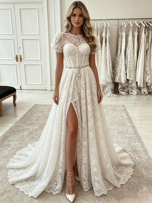 White Lace Puff Sleeve Prom Dress
