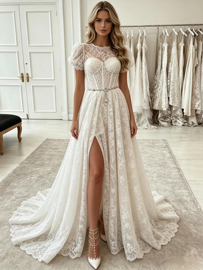 White Lace Puff Sleeve Prom Dress