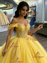 Yellow Tulle Off the Shoulder Appliques Quinceanera Dress