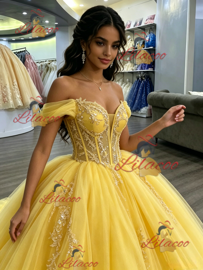 Yellow Tulle Off the Shoulder Appliques Quinceanera Dress