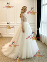 White Tulle Long Sleeve Appliques Wedding Dress