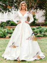 White Satin V-neck Long Sleeve Wedding Dress