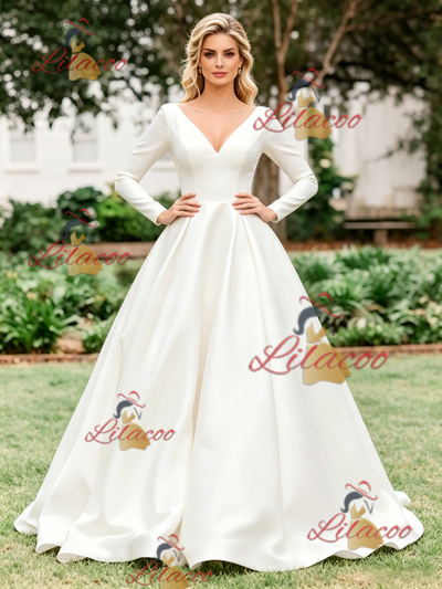 White Satin V-neck Long Sleeve Wedding Dress