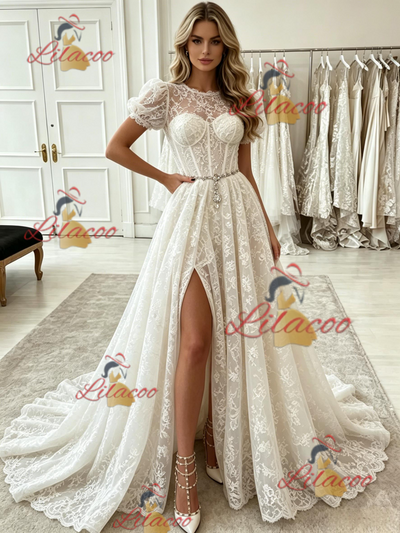 White Lace Puff Sleeve Prom Dress