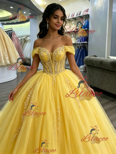 Yellow Tulle Off the Shoulder Appliques Quinceanera Dress