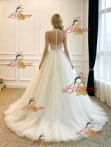 White Tulle Long Sleeve Appliques Wedding Dress