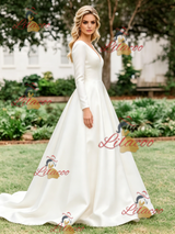 White Satin V-neck Long Sleeve Wedding Dress