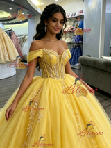Yellow Tulle Off the Shoulder Appliques Quinceanera Dress