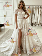 White Lace Puff Sleeve Prom Dress