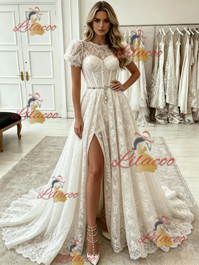 White Lace Puff Sleeve Prom Dress