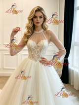 White Tulle Long Sleeve Appliques Wedding Dress