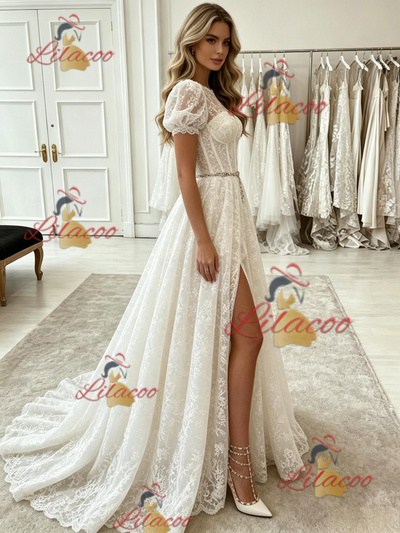 White Lace Puff Sleeve Prom Dress