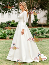 White Satin V-neck Long Sleeve Wedding Dress