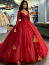 Red Tulle V-neck Appliques Quinceanera Dress