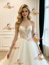 White Tulle Long Sleeve Appliques Wedding Dress