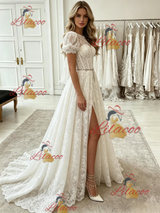 White Lace Puff Sleeve Prom Dress