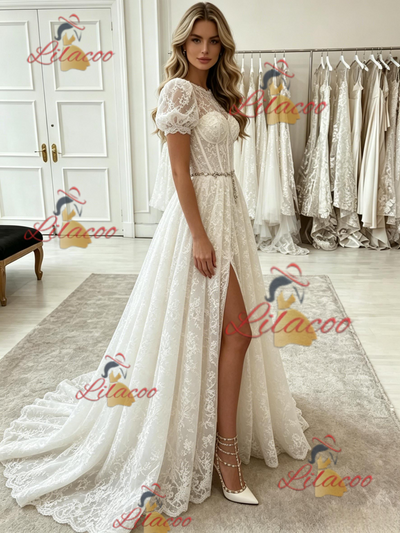 White Lace Puff Sleeve Prom Dress