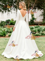 White Satin V-neck Long Sleeve Wedding Dress