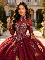 Burgundy Long Sleeve High Neck Beading Quinceanera Dress