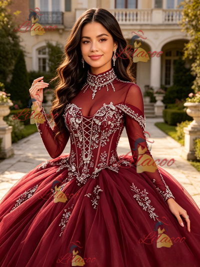 Burgundy Long Sleeve High Neck Beading Quinceanera Dress