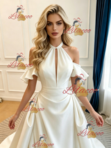 Ivory Satin Halter Pleats Wedding Dress