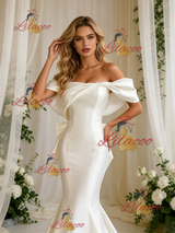 Beige White Satin Mermaid Off the Shoulder Bow Wedding Dress
