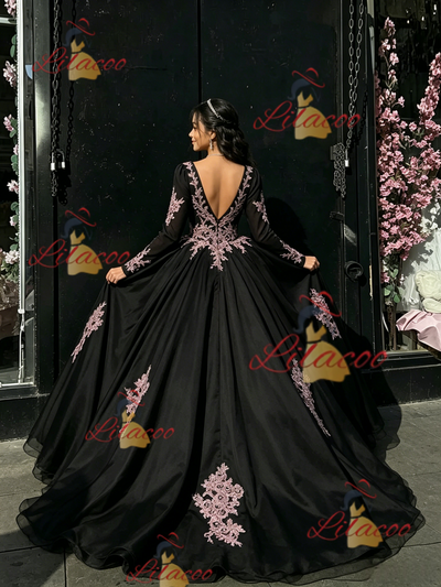 Black Tulle Long Sleeve Appliques Quinceanera Dress