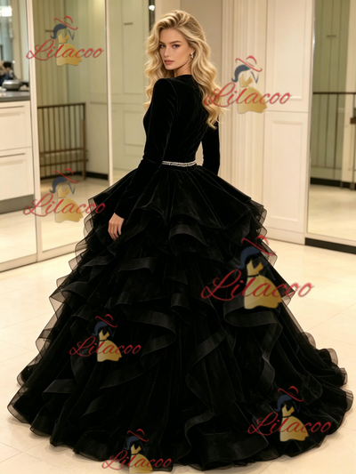 Black Tulle Velvet Long Sleeve Prom Dress