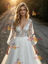 White Tulle Lace V-neck Long Sleeve Wedding Dress