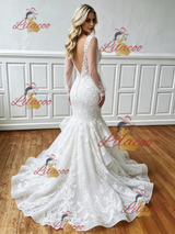 White Mermaid V-neck Long Sleeve Wedding Dress