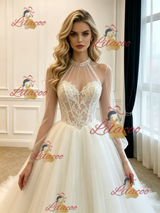 White Tulle Long Sleeve Appliques Wedding Dress