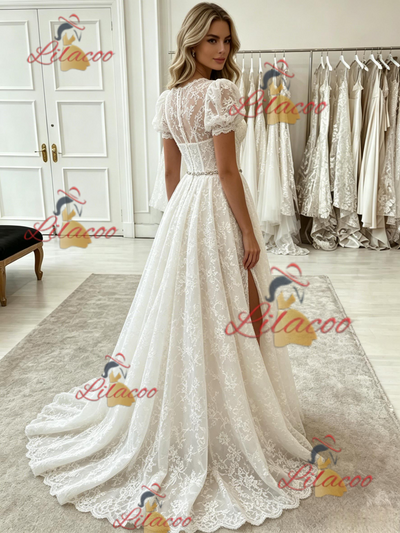 White Lace Puff Sleeve Prom Dress